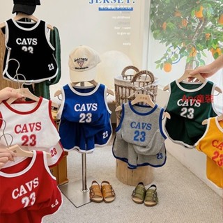 ARY 兒童套裝 男童套裝 2024夏季韓版男女兒童字母運動套裝寶寶無袖T恤+短褲籃球服兩件套 男童短袖套裝