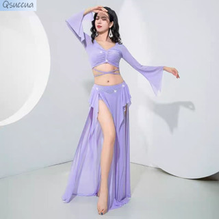 Qsuccua 成人女士肚皮舞飄逸喇叭長袖上衣開衩裙套裝