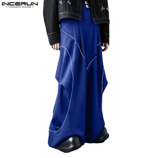 incerun 男士韓版休閒純色設計拼接彩色長褲