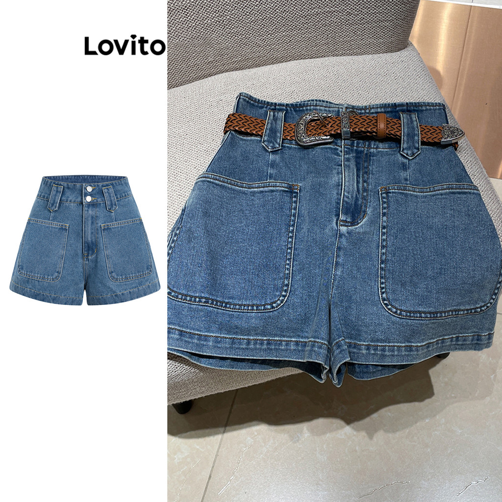 Lovito 女休閒平紋口袋牛仔短褲 L99ED425