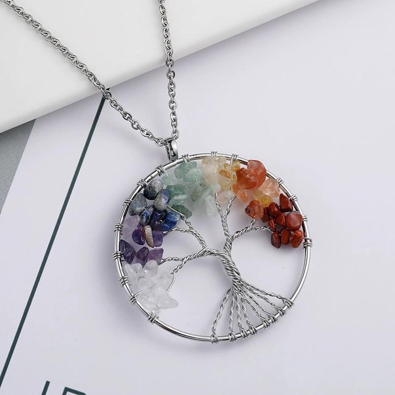 彩虹工作室🌈多款現貨 天然水晶碎石生命之樹能量吊墜項鏈 發財樹生生不息七脈輪石七彩水晶靈擺掛件項鏈飾品送禮生日生命之樹