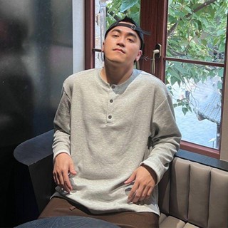 NANS 臺灣現貨 長袖男 大碼美式復古亨利領t恤男寬鬆百搭透氣長袖硬漢小領口衛衣男