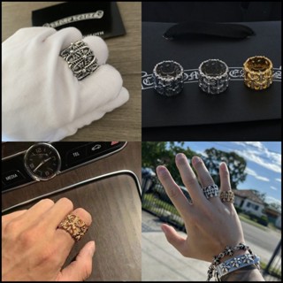 Chrome HEARTS 鍍銀 925 鍍 24K 金古墓麗影十字架配鑽石鑲嵌寬戒指,復古朋克哥特式搖滾配飾,街頭嘻哈