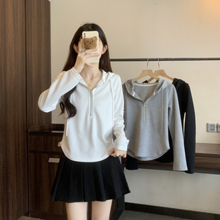 M-4XL 韓版設計感拉鏈連帽長袖T恤衛衣 中大尺碼女裝 秋天女裝 連帽衛衣 遮肉遮肚子上衣 梨形身材 素色上衣