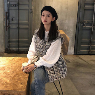 MOMO[兩件套]寬鬆馬甲女秋裝坎肩背心無袖外套+長袖襯衫女上衣套裝DYJ☆
