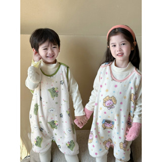 韓國兒童睡衣 連身衣珊瑚絨居家服 秋冬季兒童睡袋法蘭絨背心連體睡衣 韓版無骨無袖馬甲男女童家居服保暖