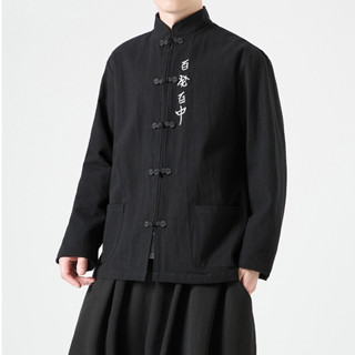 男士亞麻長袖襯衫民族風外套立領盤扣中式刺繡棉麻襯衫大尺碼舒適透氣唐裝漢服禪服居士服太極服