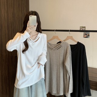1618L-大碼mm女裝上衣 設計百搭紋理感秋款寬鬆顯瘦長袖上衣 條紋針織衫 防曬衫 微透襯衫 寬鬆襯衫 氣質襯衫 上衣