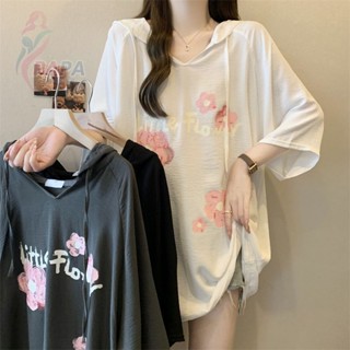 大碼女裝印花疊穿連帽韓版T恤 短袖上衣 顯瘦上衣 夏天T恤短袖t恤女2025夏季新款寬鬆顯瘦胖mm上衣女夏季衣服
