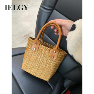 IELGY 手工編織復古風手拎水桶包 海邊度假草編包 女素色菜籃子手提包