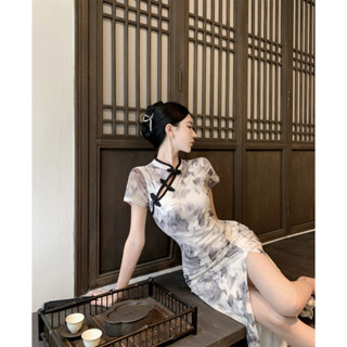 【桃喜Rich現貨】彈力改良旗袍 新中式洋裝 夏季新款復古民國風網紗印花開叉旗袍 中長款褶皺連衣裙 短袖旗袍