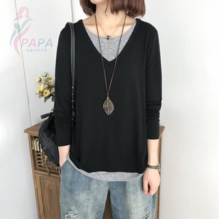 外穿長袖T恤女時尚秋裝拼接假兩件套新款韓版寬鬆百搭上衣打底衫 長袖寬鬆上衣 女生韓版大尺碼 大尺碼秋冬上衣【PAPA】