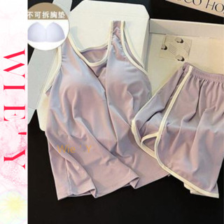 🌸WIE' Y🌸「帶胸墊睡衣」性感睡衣 兩件式睡衣 帶固定胸墊涼感短褲睡衣女 女生家居服 韓國睡衣 睡衣套裝 冰絲睡衣