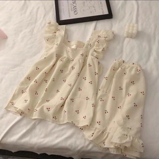 睡衣 女 夏天 甜美 櫻桃 吊帶 睡衣 套裝 兩件套 家居服