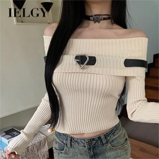 IELGY 新款秋冬美式甜美辣妹一字肩短上衣長袖針織打底衫女