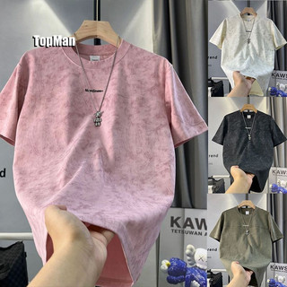 TopMan 男t恤短袖 做舊扎染刺繡拼接打底衫潮t 黑杏粉綠色 男生 短袖 上衣