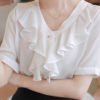 beautiful girl👚短袖雪紡衫2024法式夏季荷葉襯衫新款小衫白色上衣