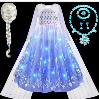 K57 白色 Elsa 連衣裙女孩帶 LED 燈雪之女王角色扮演服裝公主裙萬聖節兒童派對禮服冰雪奇緣安娜