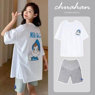 💕Angel媽咪💕孕婦短袖套裝 臺灣出貨 孕婦夏裝兩件套新款韓版時尚潮媽遮肚上衣懷孕期夏季寬鬆孕婦套裝