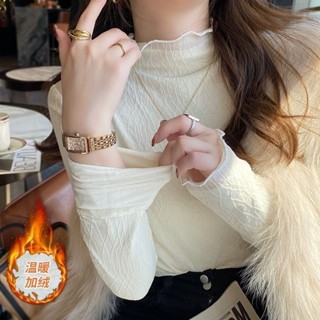 [Hi Girl]半高領蕾絲打底衫女2024新款內搭網紗高階感秋冬加絨加厚長袖上衣
