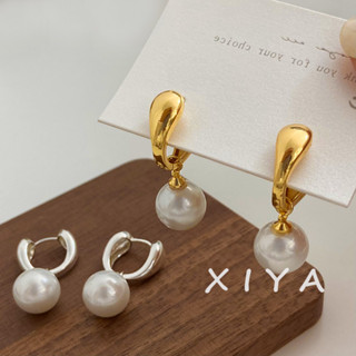 XIYA 法式復古水滴珍珠耳扣 金屬珍珠吊墜耳環