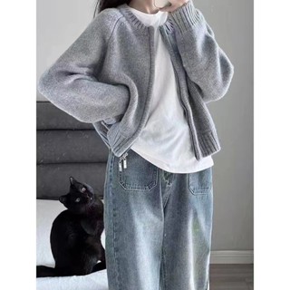 💖臺灣出貨💖 灰色短款毛衣外套 女裝 2024春秋新款針織上衣 寬鬆加厚拉鍊開衫 長袖針織上衣 冬裝 寬鬆上衣
