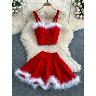 🎅聖誕節🎅服飾 cos服飾 情趣衣服 耶誕節衣服 聖誕寶貝 時尚套裝 毛毛拚接 帶胸墊吊帶背心兩件套 高腰a字半身裙