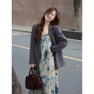 M-4XL 水墨吊帶連身裙西裝外套時尚高階兩件套 大尺碼套裝女 修身顯瘦套裝 正韓套裝 上班穿搭 梨形身材