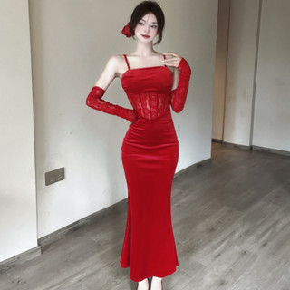 實拍 新年性感紅色魚骨蕾絲絲絨吊帶連衣裙女 中長小禮服包臀裙子