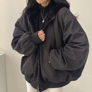 Umi💗韓國加絨加厚外套 兩麵穿羊羔毛外套 棉服女 外套女 冬季新款 拉鏈連帽外套 上衣 長袖外套 秋冬外套 大尺碼外套