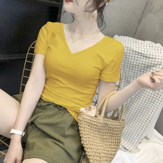 愛依依 上衣 短袖T卹 打底衫簡約 中大尺碼 S-2XL 新v領純棉短袖修身低領半袖百搭韓版上衣-1148.