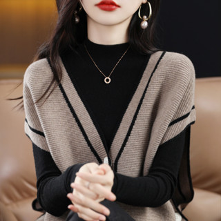 悅悅家 YY 爆款促銷 春秋新款V領拼色針織小外套馬甲女寬鬆百搭無袖毛衣背心無袖蝙蝠袖