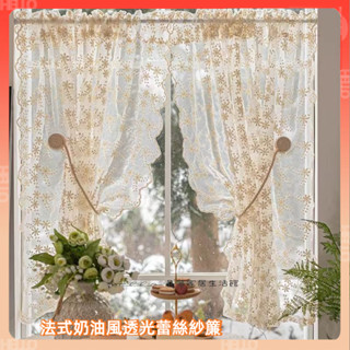 特價 法式奶油風透光蕾絲紗簾 門簾 刺繡紗簾 透光窗簾 落地窗簾 透光窗簾 穿杆 掛鉤 打洞窗紗 遮光窗簾 臥室窗