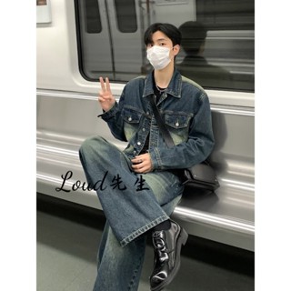 水洗牛仔外套男春秋季新款ins潮牌美式復古高街寬鬆情侶夾克套裝