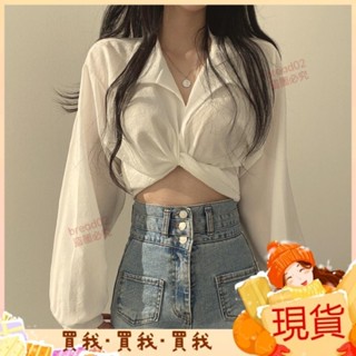 獨一無二🔺韓國chic夏季法式小眾設計感後背係帶蝴蝶結露肚臍短款襯衫上衣女 DPG6