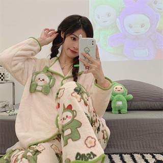 睡衣 兩件式睡衣冬季 睡袍 長袖 睡袍加厚睡衣女兩件套派大星秋冬加絨保暖有口袋卡通可愛可外穿家居服