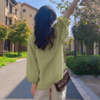 [壹柒Buy女裝]寬鬆休閒麻圓領襯衫 秋 大碼 女裝 上衣