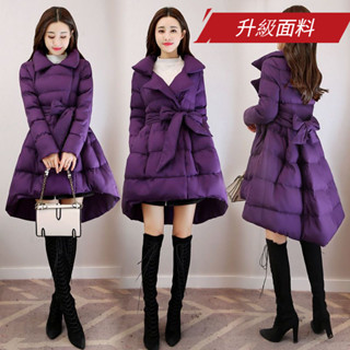 韓版紫色中長款羽絨服女生冬季零下-15度保暖外套女大碼加肥加大碼中長款民族風西裝領a字蓬蓬裙棉衣韓版加厚百搭棉服大衣外套