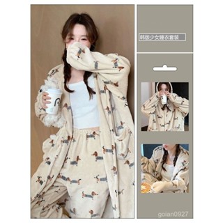 高品質-虧本清倉-法式臘腸狗印花珊瑚絨睡衣女加絨加厚冬季新款睡袍長褲家居服套裝 JMNP