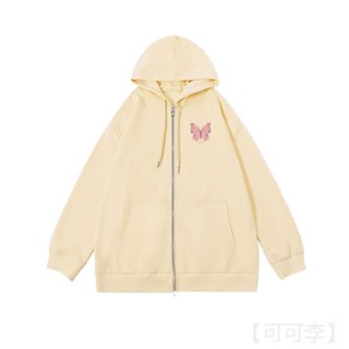 【可可李】大學t帽t連帽 衛衣女秋韓版拉鏈 杏色奶油色 開衫oversize寬鬆 大碼胖mm長袖 外套薄款刷毛