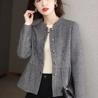 千鳥格秋裝外套百搭小西裝氣質韓版修身格子小裙擺毛呢上衣 韓版上衣 大尺碼上衣 大尺碼外套 大尺碼女裝 長袖上衣 日系穿搭