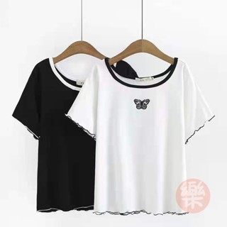 胖mm2-300斤 大碼女裝新款韓版圓領蝴蝶刺繡波浪邊短袖寬鬆T恤 夏季短袖 寬鬆短袖t恤 韓版t恤 【PAPA】