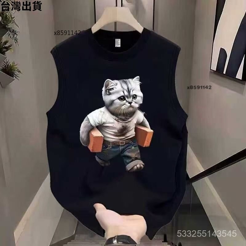 台灣出貨 美式痞帥無袖T恤男款夏季潮牌卡通貓咪街頭運動寬鬆坎肩背心汗衫 XX