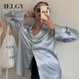 IELGY 女士長袖緞面襯衫小眾設計寬鬆垂墜復古港風襯衫上衣