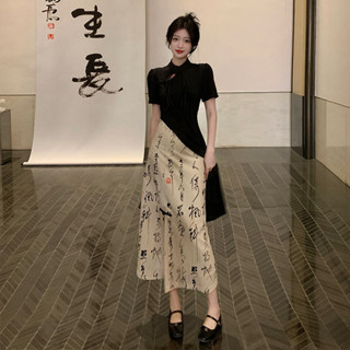 2025 新款新中式國風復古高階感不規則書法半身裙時尚旗袍兩件套裙，解鎖夏日優雅密碼