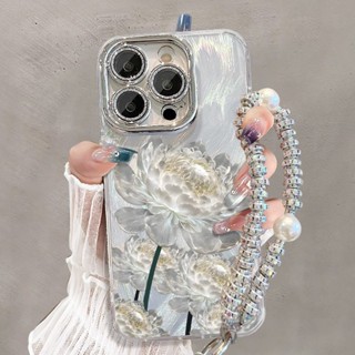 臺灣出貨 中國風白蓮花手機殼 適配iPhone15保護殼 防摔全包手機殼 帶手鍊防摔手機殼15plus 卡通手機殼R02