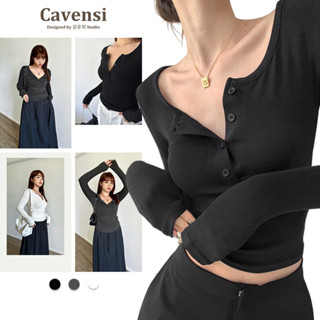 【Cavensi】S-5XL獨家自訂 小辣顯瘦排扣上衣 百搭V領排釦長袖上衣 素色貼身 打底衣 坑條 大尺碼上衣 A60