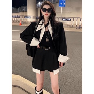 【SHINE GIRL】高階時裝套裝女 秋季2024韓版氣質 西裝外套 拼接襯衫 半身裙 兩件套潮