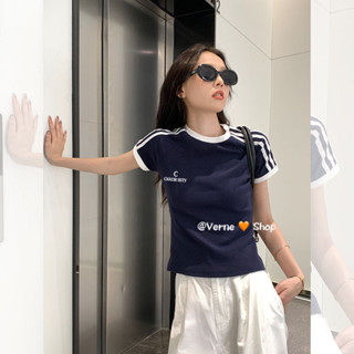 [VERNE FF]美式上衣 運動t恤 條紋t恤 正肩純棉短袖t恤 夏季上衣 短款短袖 修身顯瘦辣妹上衣