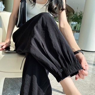 《現貨下單》醋酸運動褲女冰絲夏季薄款高腰寬鬆顯瘦哈倫休閒九分束腳燈籠褲子高腰運動褲休閒褲闊腿褲寬褲哈倫褲黑色長褲長褲女